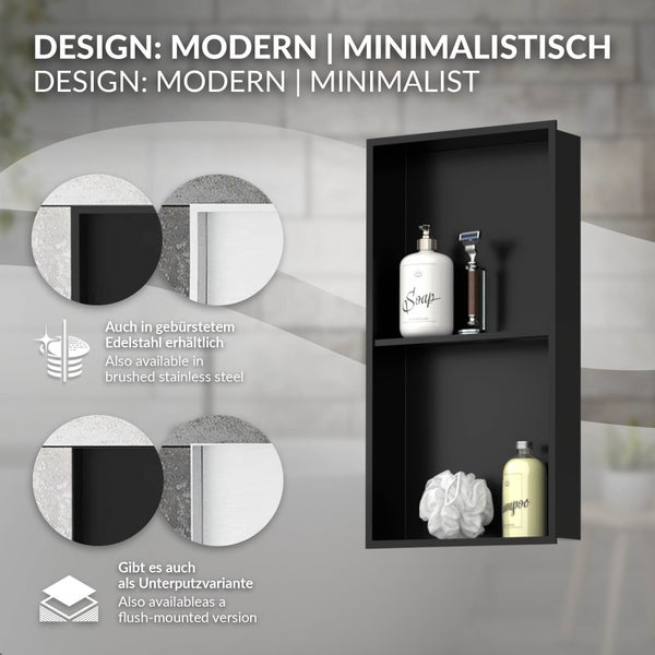 In die Wand integrierte schwarze Duschablage mit zwei Ebenen in einem hell gefliesten Badezimmer mit Hinweisen zu Reinigung und Wasserablauf.