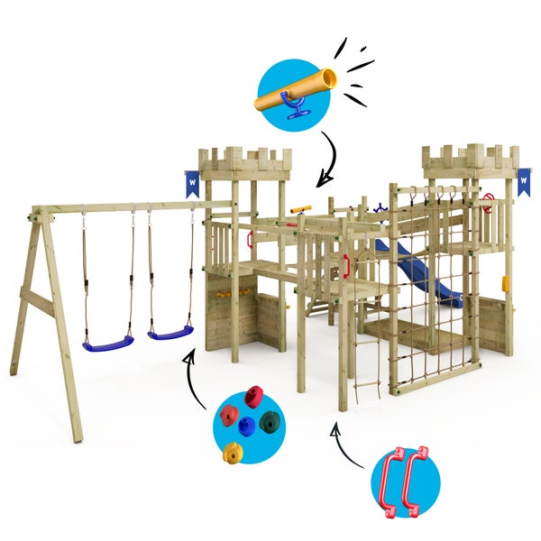 WICKEY Spielturm Smart Arch mit Kletternetz, Doppelschaukel, Wackelbrücke und Rutsche - blau