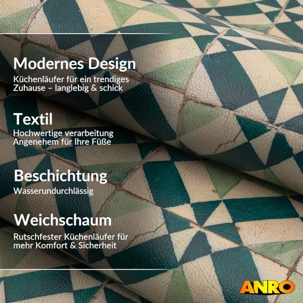 Küchenläufer von ANRO mit geometrischem Muster, wasserundurchlässiger Beschichtung und rutschfestem Weichschaum. ANRO Logo.