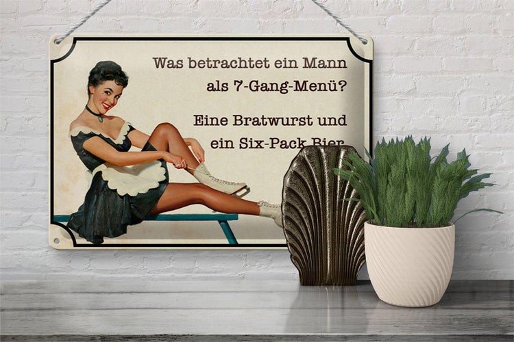 Blechschild Spruch 30x20cm 7-Gang-Menü Mann Wurst Bier