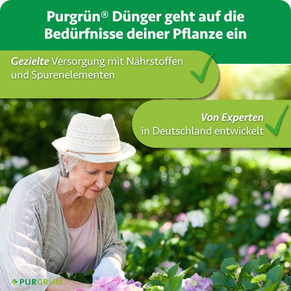 Ältere Frau mit Hut bei der Gartenarbeit mit Pflanzenpflegedünger und Informationen zu Nährstoffen sowie Expertenentwicklung von Purgrün Logo.