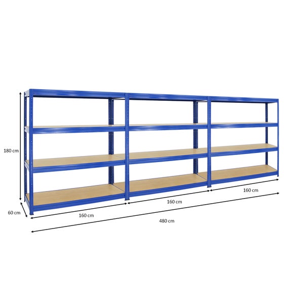 PROREGAL Mega Deal 3x Schwerlastregal Dino HxBxT 180 x 160 x 60 cm Fachlast 600 kg Blau