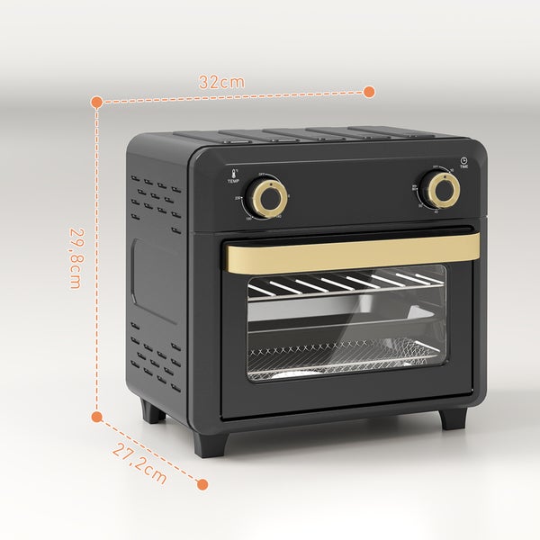 Schwarzer Minibackofen mit goldfarbenen Details, Breite 32 Zentimeter, Höhe 29,8 Zentimeter, Tiefe 27,2 Zentimeter.
