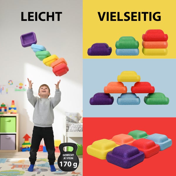 Kind spielt mit leichten, vielseitigen Spielzeugbausteinen in Regenbogenfarben. Gewicht pro Stein: 170 Gramm.