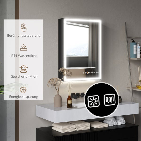 Modernes Badezimmer mit beleuchtetem Spiegel, Waschtisch und verschiedenen Funktionen wie Berührungssteuerung, IP44 Wasserdichtigkeit, Speicherfunktion und Energiesparmodus