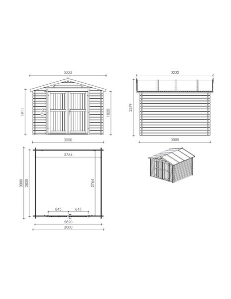 Maßzeichnung für ein Gartenhaus mit Vorderansicht, Seitenansicht, Grundriss und dreidimensionaler Darstellung inklusive Maßangaben in Millimetern.