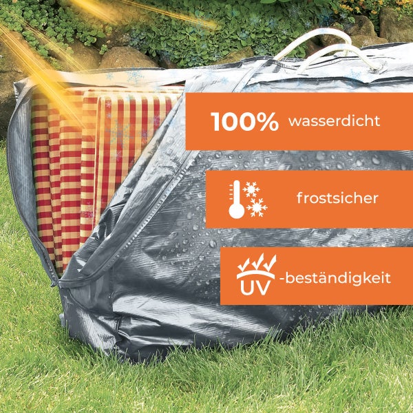 Graue Aufbewahrungstasche für Sitzauflagen, 100 Prozent wasserdicht, frostsicher und UV-beständig.