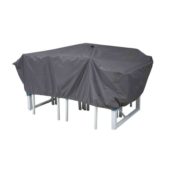 Graue Schutzhülle für Gartenmöbel-Sets aus wetterfestem Material zum Schutz von Tisch und Stühlen.