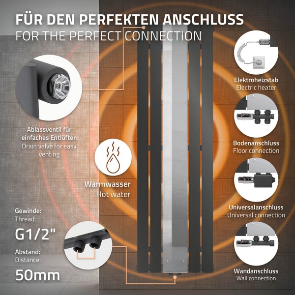 ML-Design Badheizkörper Flach Mittelanschluss 1600x450mm Anthrazit & Spiegel Anschlussarmatur Universal Eck- und Durchgangsform Multiblock Thermostat Paneelheizkörper Spiegelheizkörper Glasheizkörper