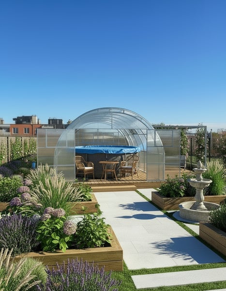 Außenansicht eines Gartens mit Gewächshaus, Whirlpool und Springbrunnen