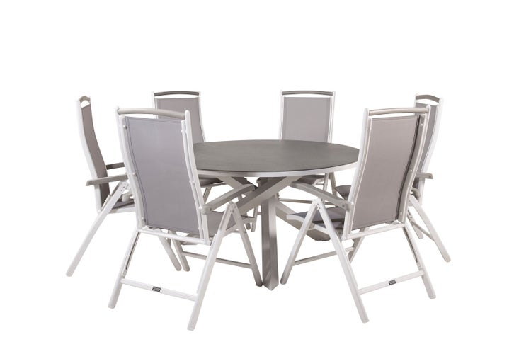 Copacabana Gartenset Tisch Ø140cm und 6 Stühle 5pos Albany weiß, grau, cremefarben. 140 X 140 X 74 cm