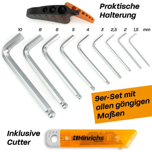 Hinrichs Sechskantschlüssel Set 9 teilig mit Kugelkopf und Universalmesser