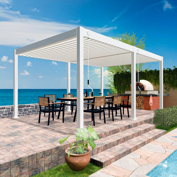 Weide Deluxe Pergola 3 x 6 M - Freistehend, Voll-Aluminium, Lamellendach, Weiß