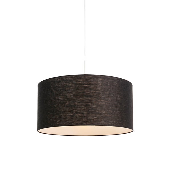Pendelleuchte mit zylindrischem Textilschirm in Schwarz und weißer Innenseite.