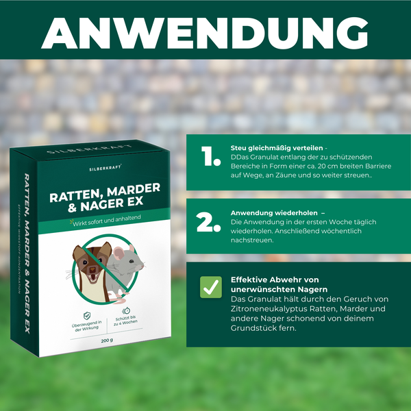 Silberkraft Ratten, Marder & Nager EX Granulat 200g, Schädlinge von deinem Grundstück fernhalten, Nagerschreck, Rattenabwehr, Mardervertreiber, Alternative zu Sprays, Gittern oder Ultraschallgeräten