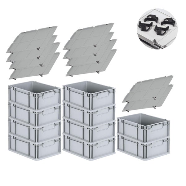 PROREGAL Spar Set 10x Eurobox Nextgen Economy Mit Auflagedeckel & 4x Schiebeschnappverschlüsse Schwarz Griffe Geschlossen HxBxT 17 x 30 x 40 cm