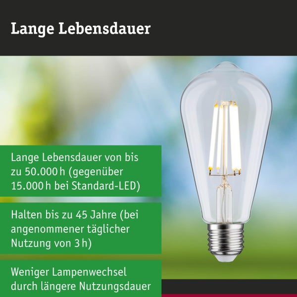 LED-Leuchtmittel in Edison-Form mit einer Lebensdauer von bis zu 50000 Stunden beziehungsweise 45 Jahren.