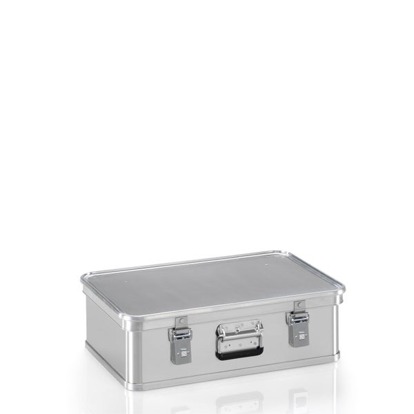 Aluminiumbox mit Deckel, zwei Metallverschlüssen und einem Tragegriff.