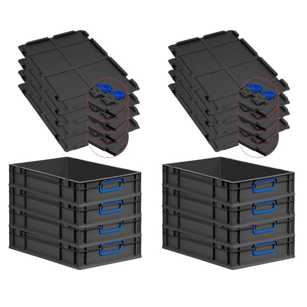 PROREGAL SuperSparSet 8x Eurobox NextGen Color mit Scharnierdeckel und Schiebeschnappverschlüssen, HxBxT 12x40x60cm, 23 Liter, Schwarz, Griffe blau geschlossen, Eurobehälter, Transportbox, Transportbehälter, Stapelbehälter