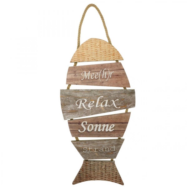 Dekorativer Fisch aus Holz mit den Worten Meer, Relax, Sonne und Strand