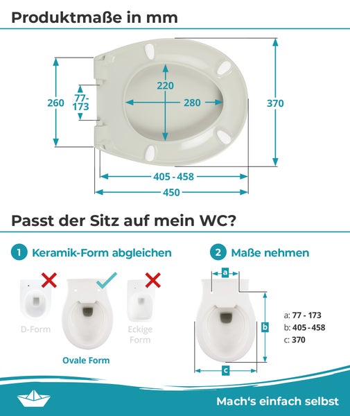 Maßzeichnung eines Toilettensitzes mit Montageanleitung zur Überprüfung der Passform auf der WC Keramik.