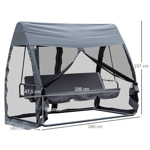 Outsunny Hollywoodschaukel, 3-Sitzer Gartenschaukel mit Seitenwänden, 240x140x197cm, Metall, Polyester, Oxford, Moskitonetz, Grau