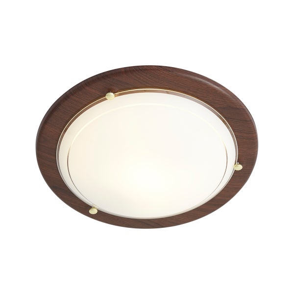 Runde Deckenleuchte mit dunklem Holzrahmen und weißem Opalglas mit goldfarbenen Klammern.
