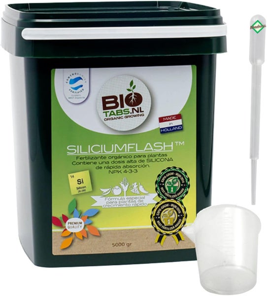 BioTabs Siliciumflash organischer Dünger, 5000 Gramm Eimer mit Messbecher und Pipette. NPK 4-3-3, BioTabs Logo, Zertifikat für ökologische Erzeugung.