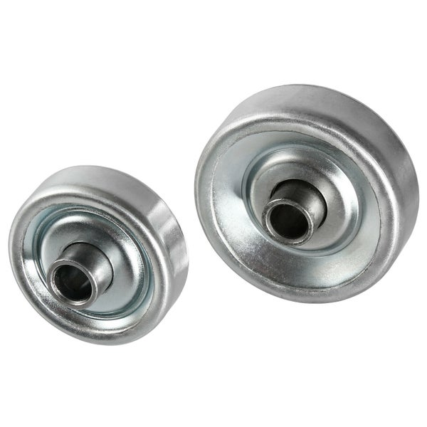 Zwei runde Metallrollen für Schiebetüren oder Tore aus robustem Stahl mit mittiger Lageröffnung.