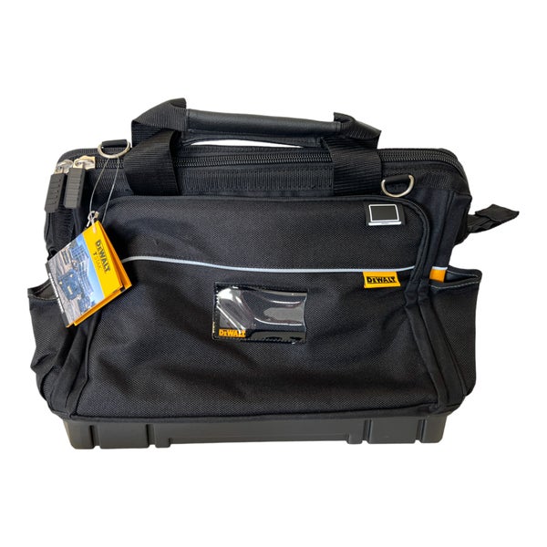 DeWalt Werkzeugtasche aus robustem Gewebe mit Kunststoffboden, Tragegriff und Reißverschluss.