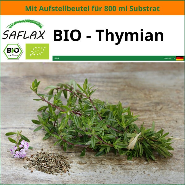 SAFLAX Garden in the bag - BIO - Thymian - Thymus vulgaris - 800 Samen - Mit Anzuchtsubstrat im praktischen, selbst aufstellenden Beutel