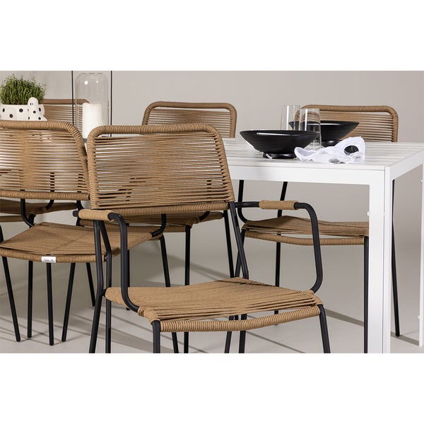 Modernes Essgruppen-Set mit weißem rechteckigem Tisch und Armlehnstühlen mit schwarzem Metallgestell und brauner Seilbespannung.