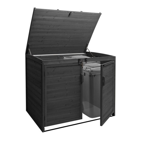 Mülltonnenbox aus Holz mit geöffnetem Deckel und geöffneter Tür