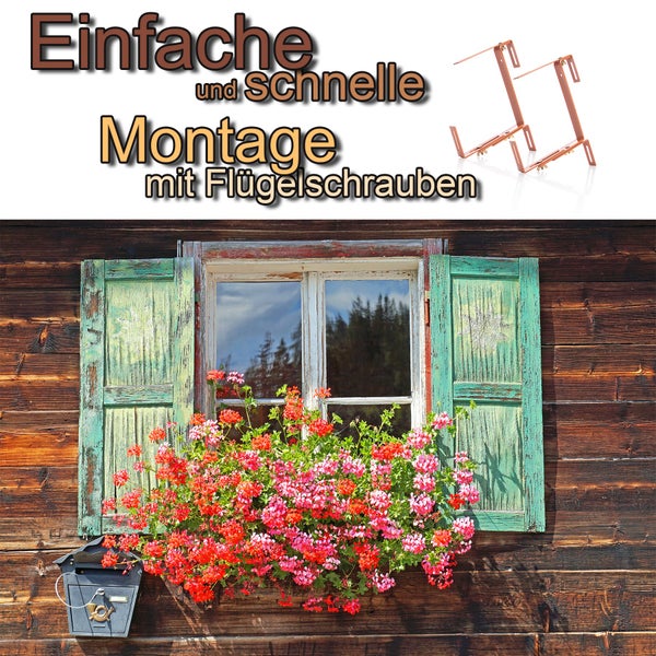 Halterung für Blumenkästen zur Montage an Fensterbänken mit manuell verstellbaren Flügelschrauben für eine einfache Befestigung am Fenster.
