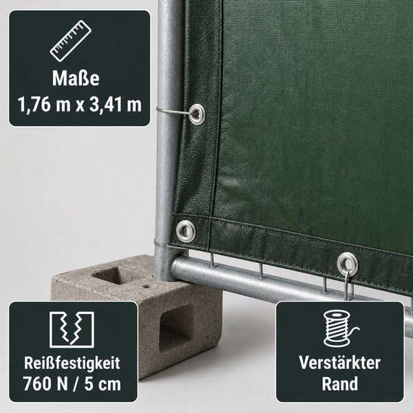 Bauzaunblende Sichtschutz mit Ösen für Bauzaun Maße 1,76 Meter mal 3,41 Meter mit hoher Reißfestigkeit und verstärktem Rand