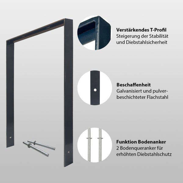 Diebstahlsicherung aus verzinktem und pulverbeschichtetem Flachstahl mit verstärktem T-Profil inklusive zwei Bodenankern