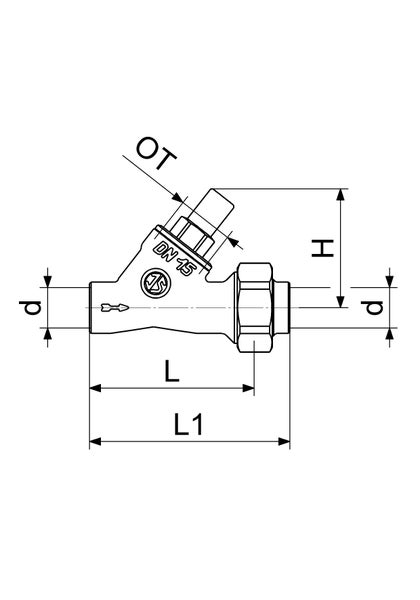 Technische Zeichnung eines Schrägsitzventils Nennweite 15 mit JS Logo und Bemaßungen für Durchmesser, Höhe und Länge.