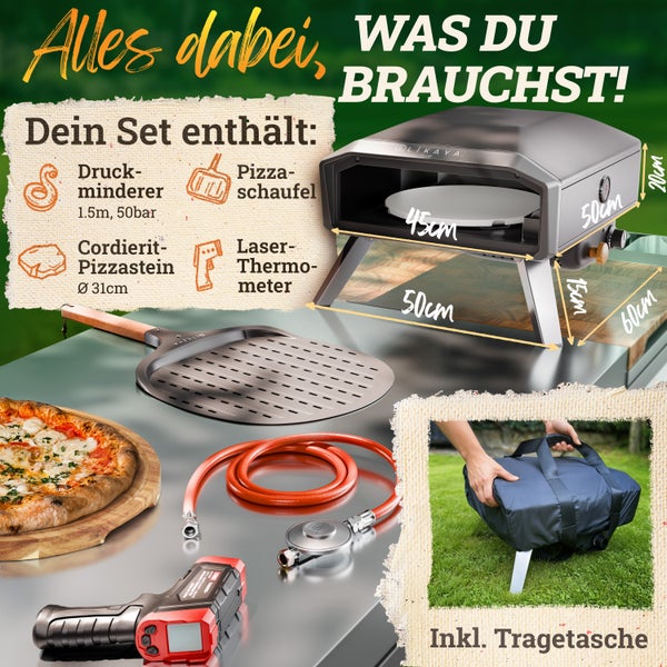 Pizzaofen-Set mit Zubehör: Druckminderer, Pizzaschaufel, Cordierit-Pizzastein, Laser-Thermometer und Tragetasche