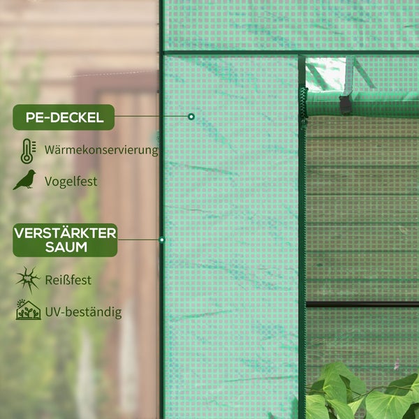 Infografik zur Gewächshausfolie aus Polyethylen mit Wärmekonservierung, Vogelschutz, Reißfestigkeit und UV-Beständigkeit am verstärkten Saum.