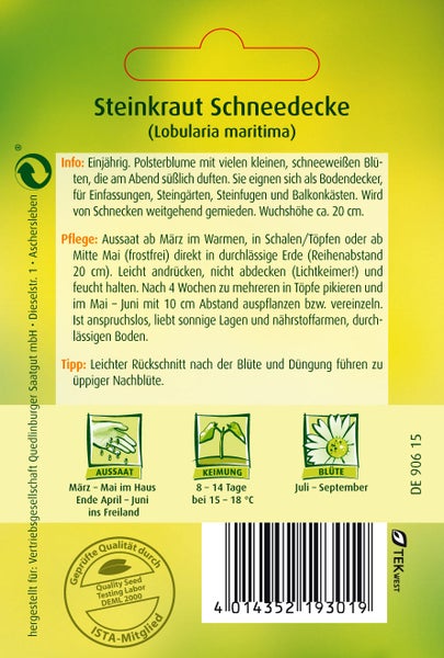 Rückseite der Saatgutpackung für Steinkraut Schneedecke (Lobularia maritima) mit Angaben zu Aussaat, Keimdauer, Blütezeit und Pflegehinweisen.