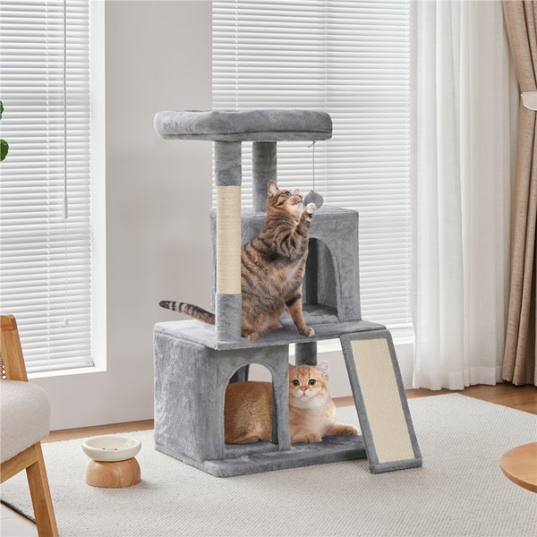 Katzenkratzbaum mit Plattformen, Kratzsäule, Höhlen und zwei Katzen