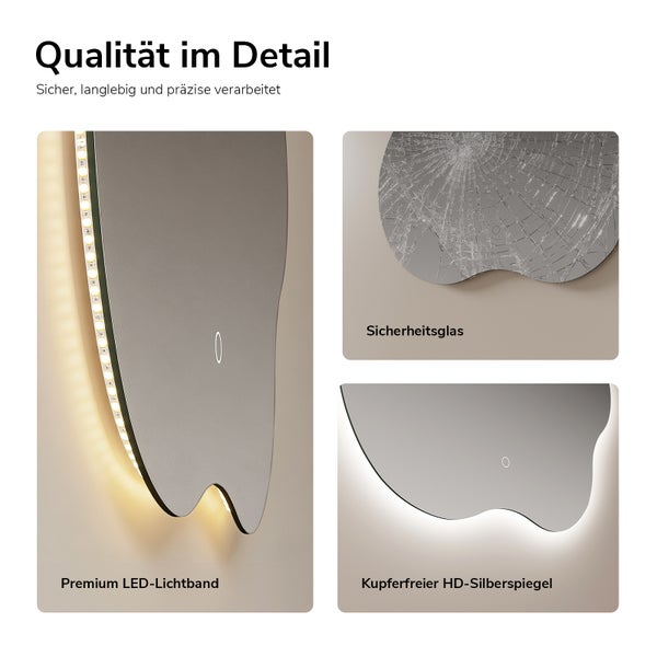 Detailansicht eines Wandspiegels mit Premium LED-Lichtband, Sicherheitsglas und kupferfreiem High-Definition Silberspiegel.