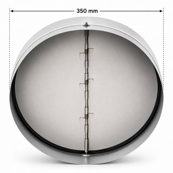 Runde Rückstauklappe aus Metall mit zwei Klappen, Durchmesser 350 Millimeter.