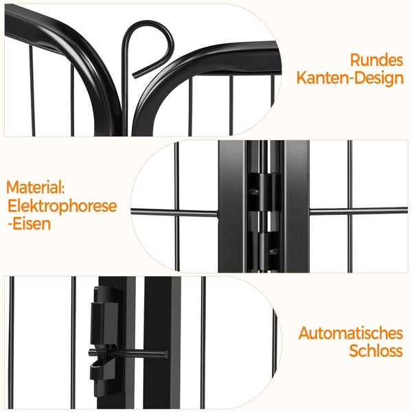 Detailansicht eines Gartentores aus elektrophoresebeschichtetem Eisen mit rundem Kantendesign und automatischem Schloss