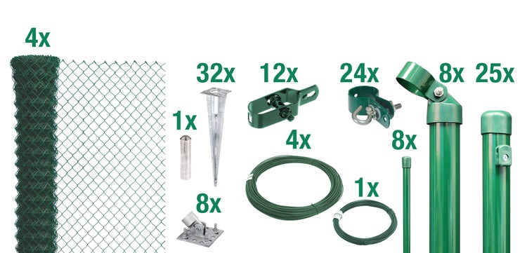 Komplettset Maschendrahtzaun mit Zaungeflecht, Zaunpfosten, Streben, Spanndraht und Befestigungsmaterial zur Zaunmontage.