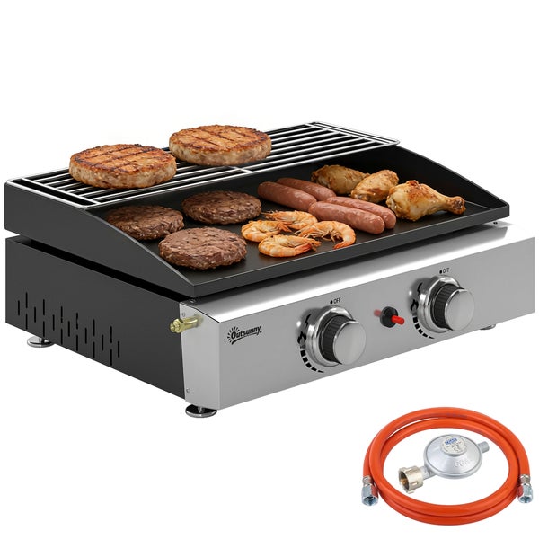 Outsunny Tisch-Gasgrill aus Edelstahl mit Grillplatte, Warmhalterost, zwei Drehreglern, Gasschlauch und Druckminderer.