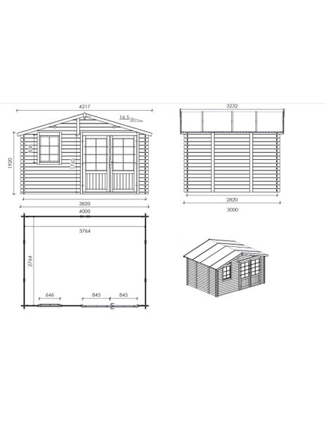 Technische Zeichnung eines Gartenhauses aus Holz mit Maßen für Vorderansicht, Seitenansicht, Grundriss und perspektivische Darstellung.