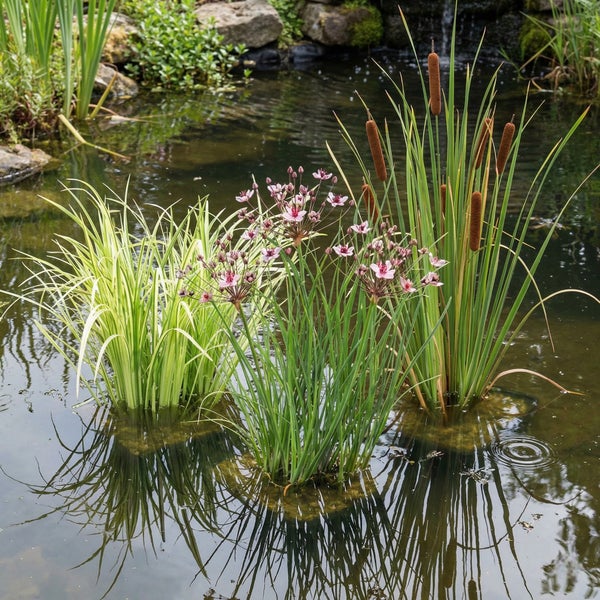 Verschiedene Teichpflanzen wie Schwanenblume mit rosa Blüten und Rohrkolben in einem hellen Gartenteich mit Steinen im Hintergrund.