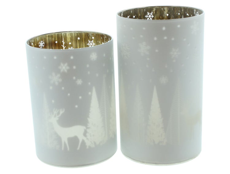 FRANK FLECHTWAREN | Windlicht Winterlandschaft, 2er Set, D: 9 x 12,5cm, D: 9 x 15cm, GLAS