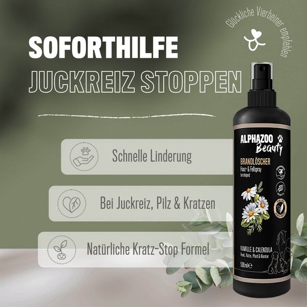 ALPHAZOO Brandlöscher Anti Juckreiz Spray 500ml für Hunde und Katzen I Sanfte Beruhigung für Fell und Haut